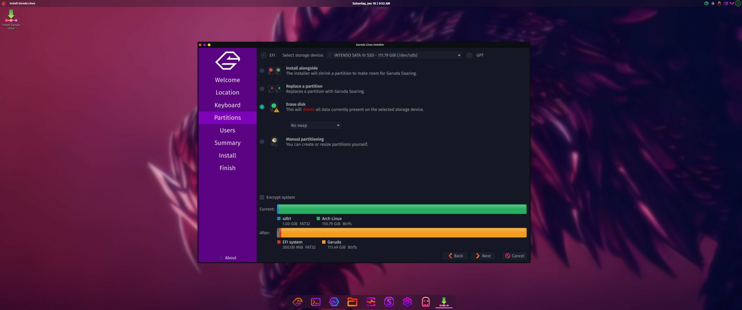 Garuda Linux KDE Plasma - Erase Disk for Installation